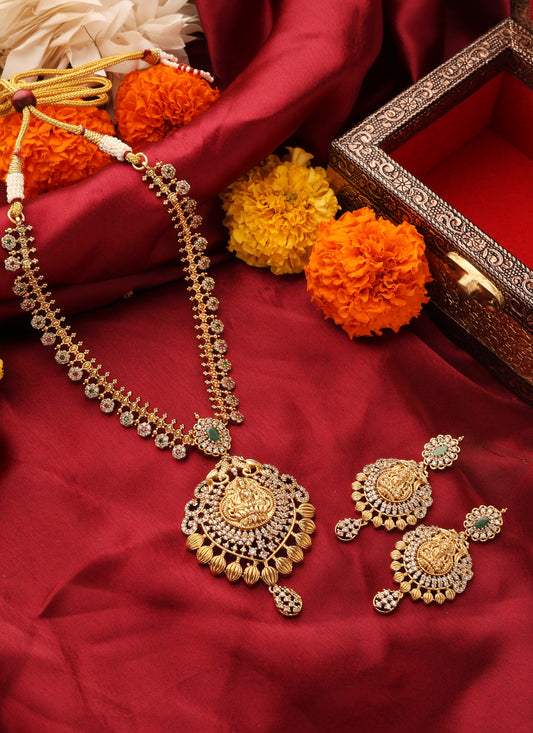 Gold Plated South Temple Style Necklace Set with American Stone Studded Lakshmi Motif Pendant