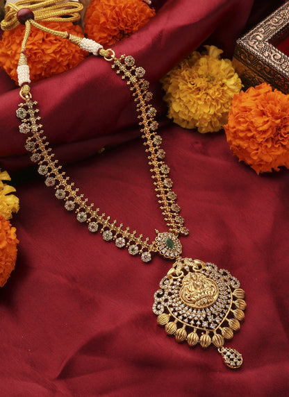 Gold Plated South Temple Style Necklace Set with American Stone Studded Lakshmi Motif Pendant