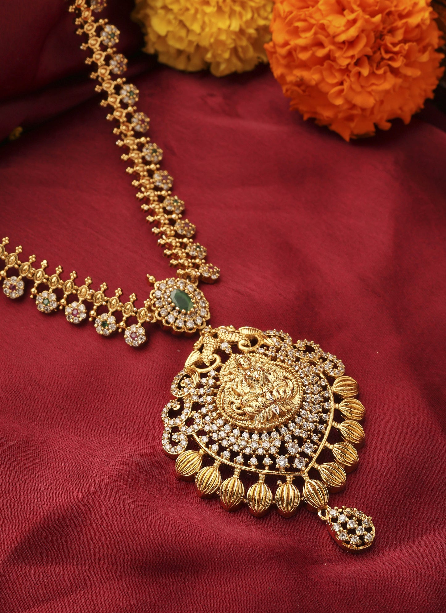 Gold Plated South Temple Style Necklace Set with American Stone Studded Lakshmi Motif Pendant