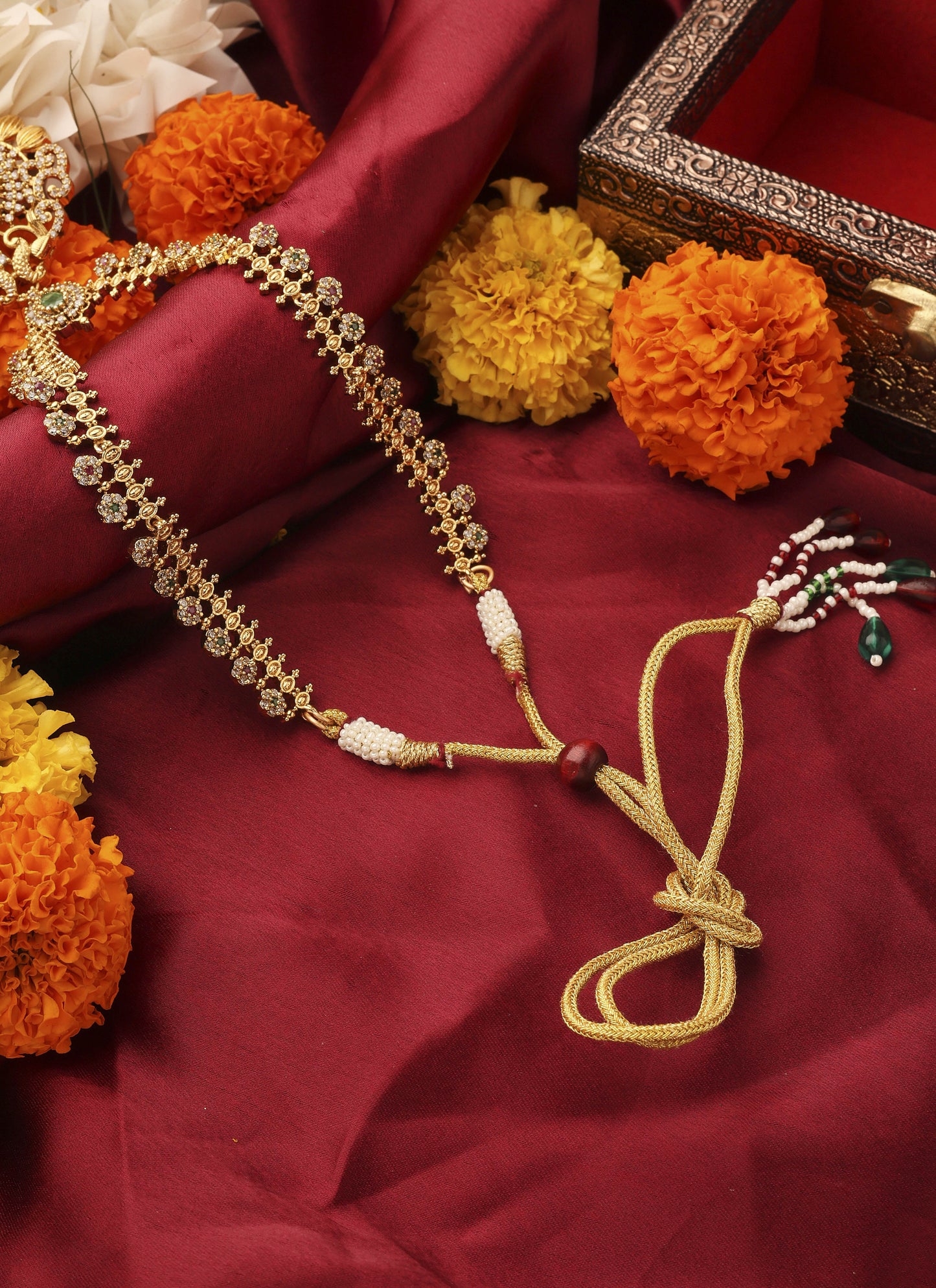 Gold Plated South Temple Style Necklace Set with American Stone Studded Lakshmi Motif Pendant