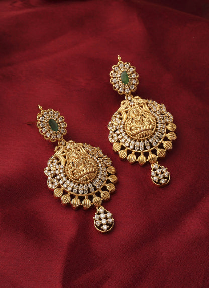 Gold Plated South Temple Style Necklace Set with American Stone Studded Lakshmi Motif Pendant