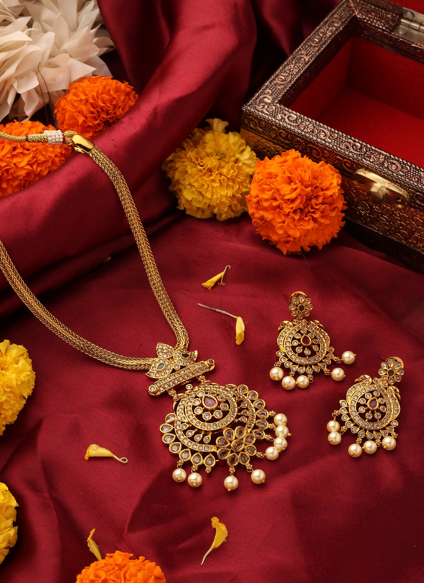 Gold Plated American Stone Studded Necklace Set in South Indian Style