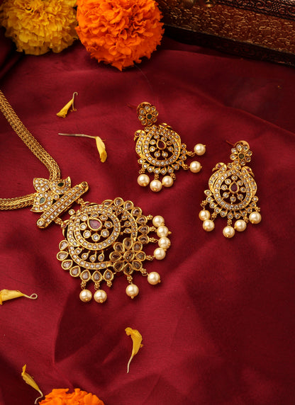 Gold Plated American Stone Studded Necklace Set in South Indian Style