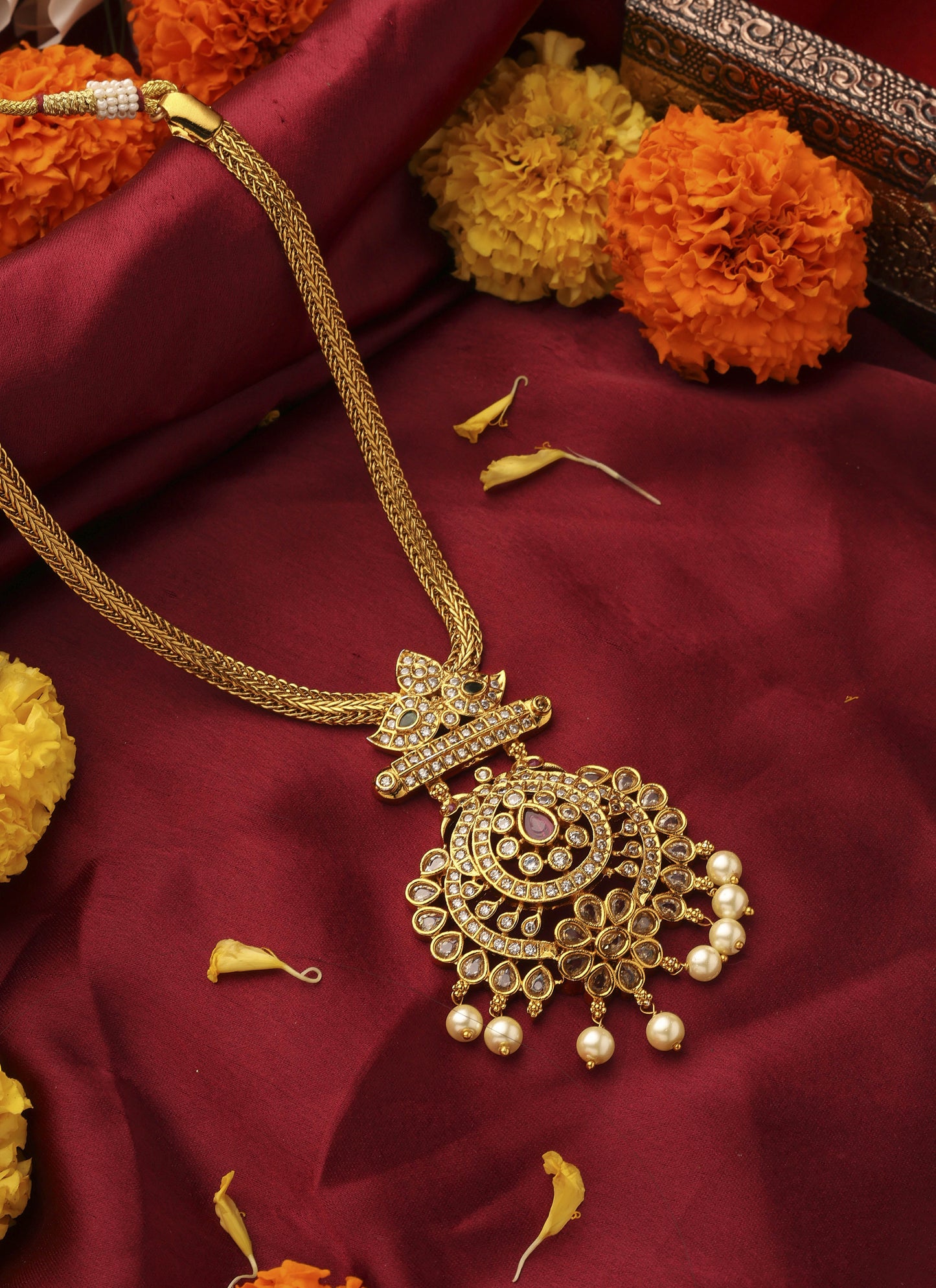 Gold Plated American Stone Studded Necklace Set in South Indian Style