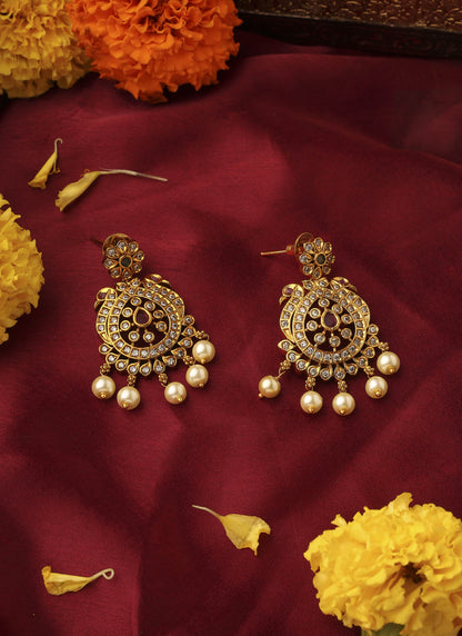 Gold Plated American Stone Studded Necklace Set in South Indian Style