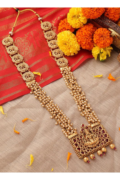 Long Pearl Necklace with Rectangle Lakshmi Pendant