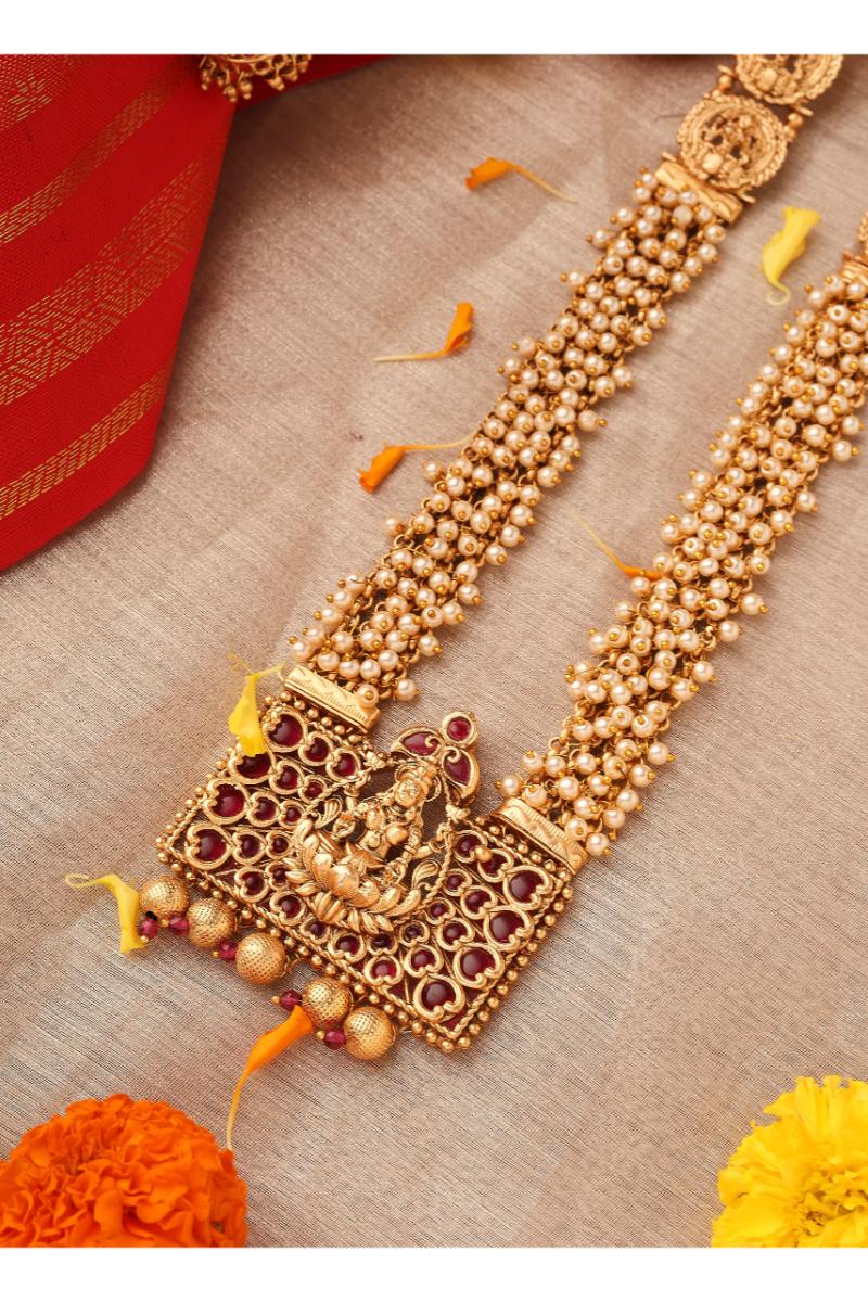 Long Pearl Necklace with Rectangle Lakshmi Pendant