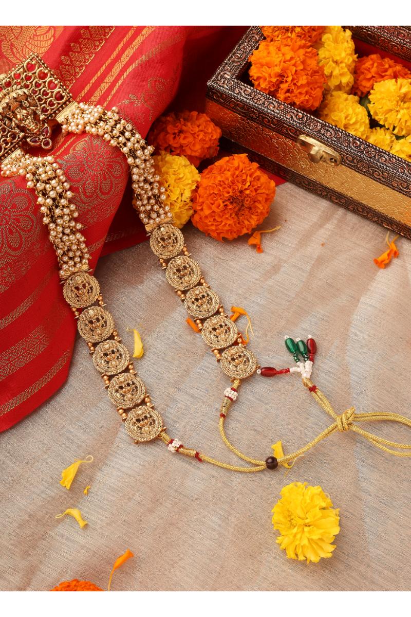 Long Pearl Necklace with Rectangle Lakshmi Pendant