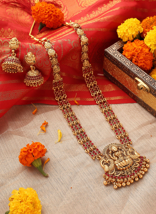 Temple Jewellery Long Necklace with Goddess Lakshmi Pendant