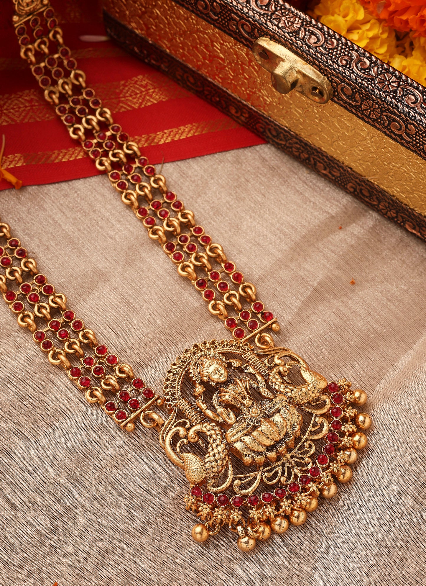 Temple Jewellery Long Necklace with Goddess Lakshmi Pendant