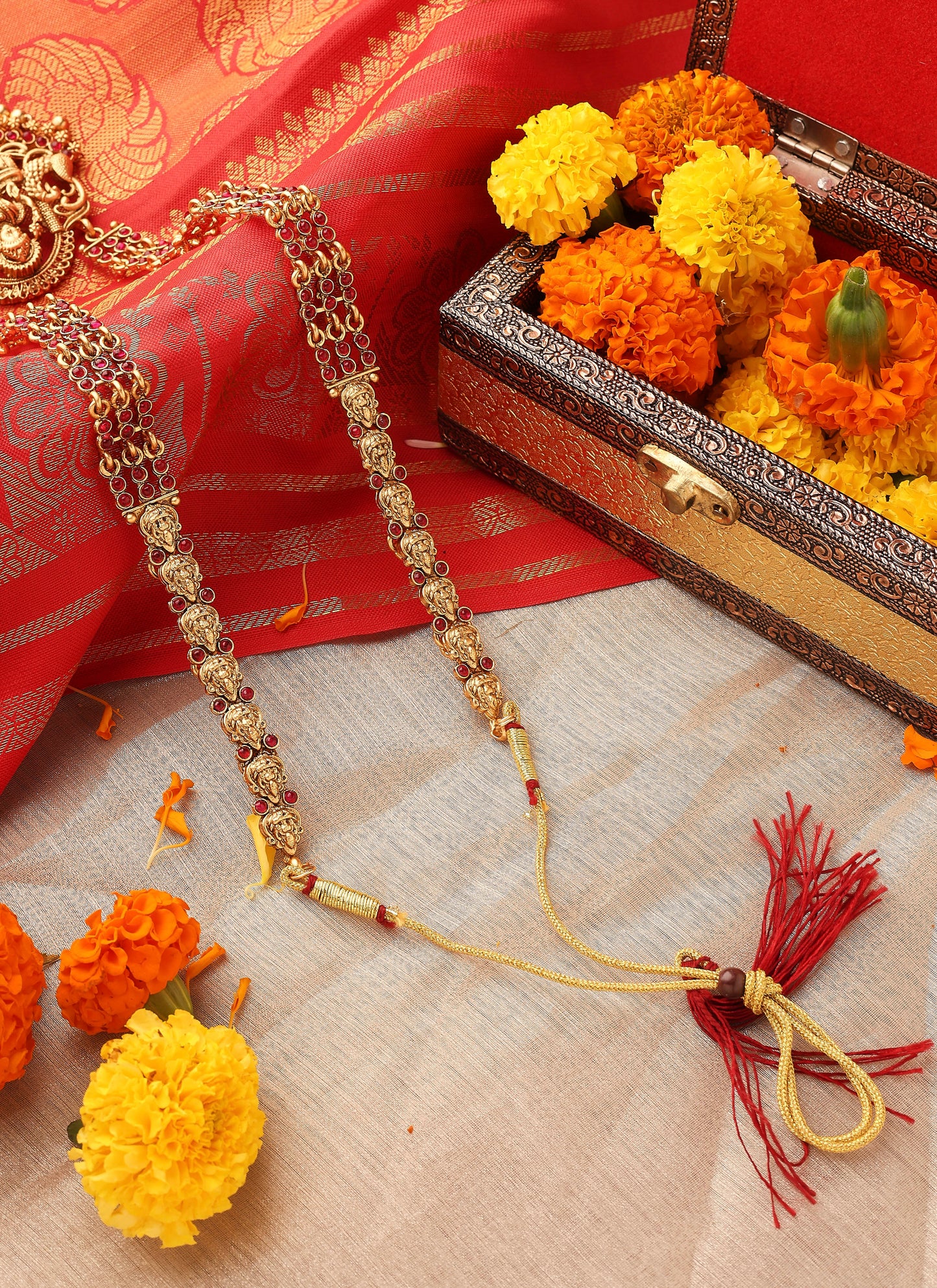 Temple Jewellery Long Necklace with Goddess Lakshmi Pendant