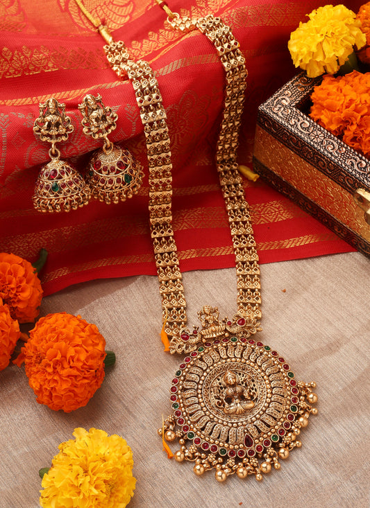 Gold Plated Long Necklace Set with Round Lakshmi Motif