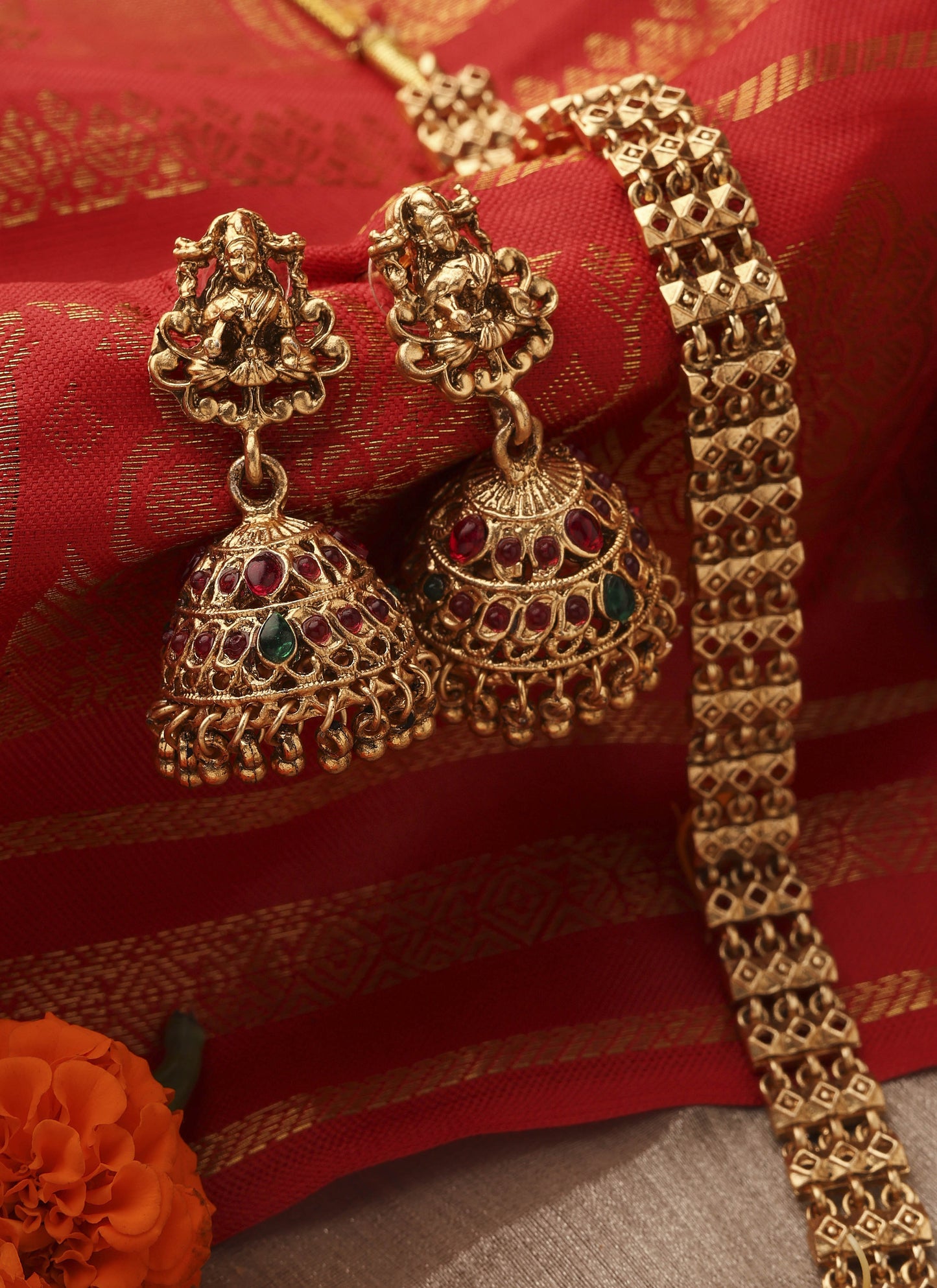 Gold Plated Long Necklace Set with Round Lakshmi Motif