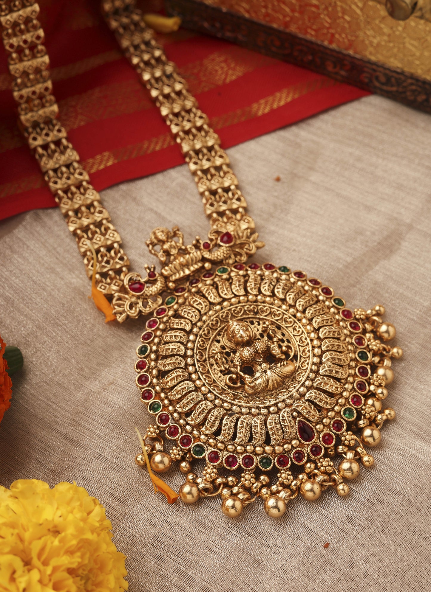 Gold Plated Long Necklace Set with Round Lakshmi Motif