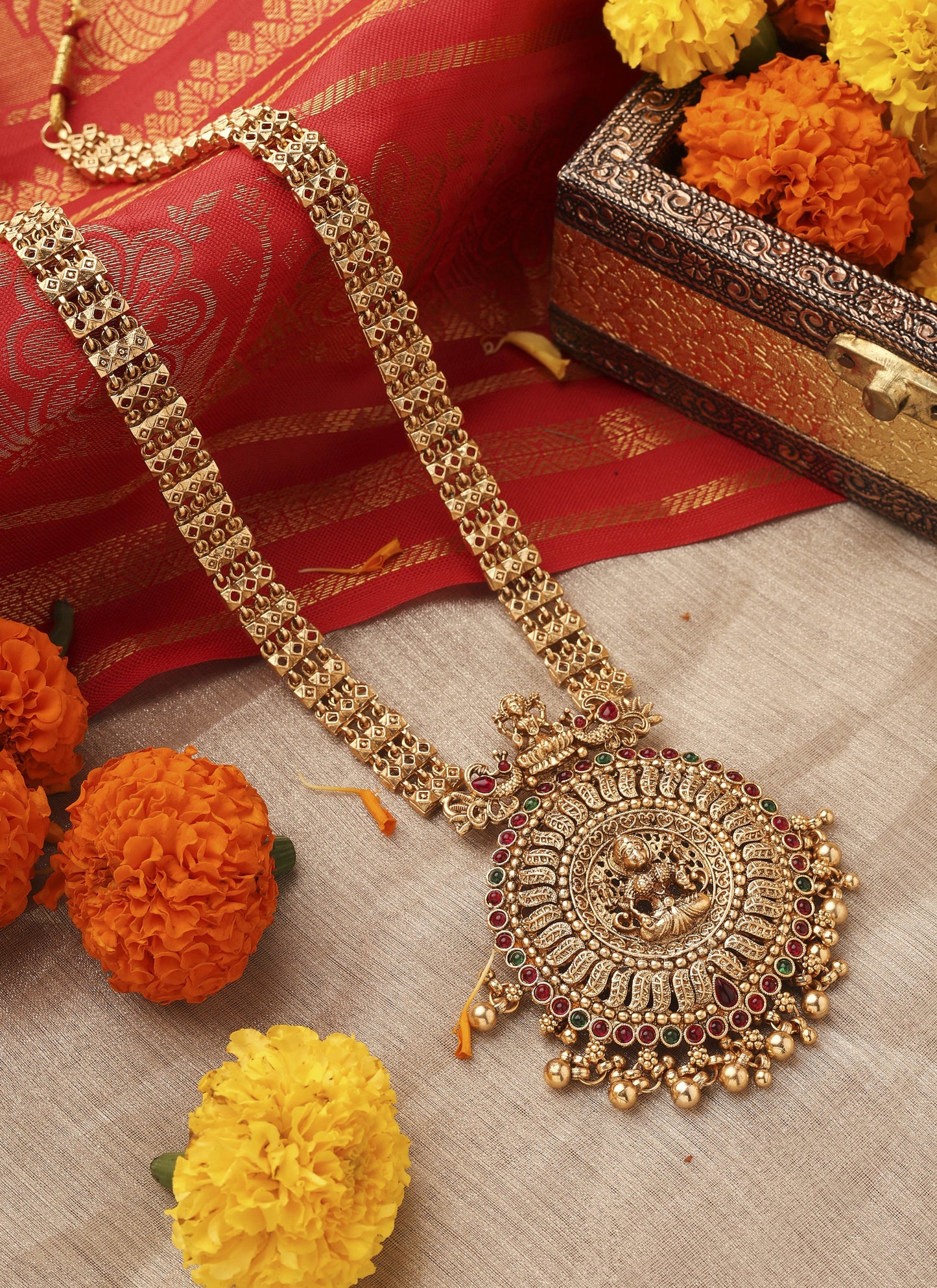 Gold Plated Long Necklace Set with Round Lakshmi Motif