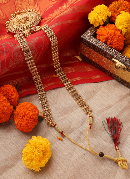 Gold Plated Long Necklace Set with Round Lakshmi Motif