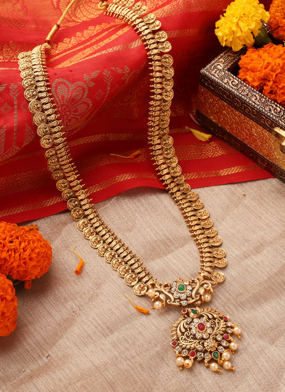 Royal Temple Jewellery Long Coin Necklace with Intricate Pendant