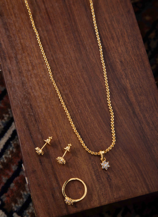 Golden Diamond Pendant Short Necklace Earrings And Finger Ring Set