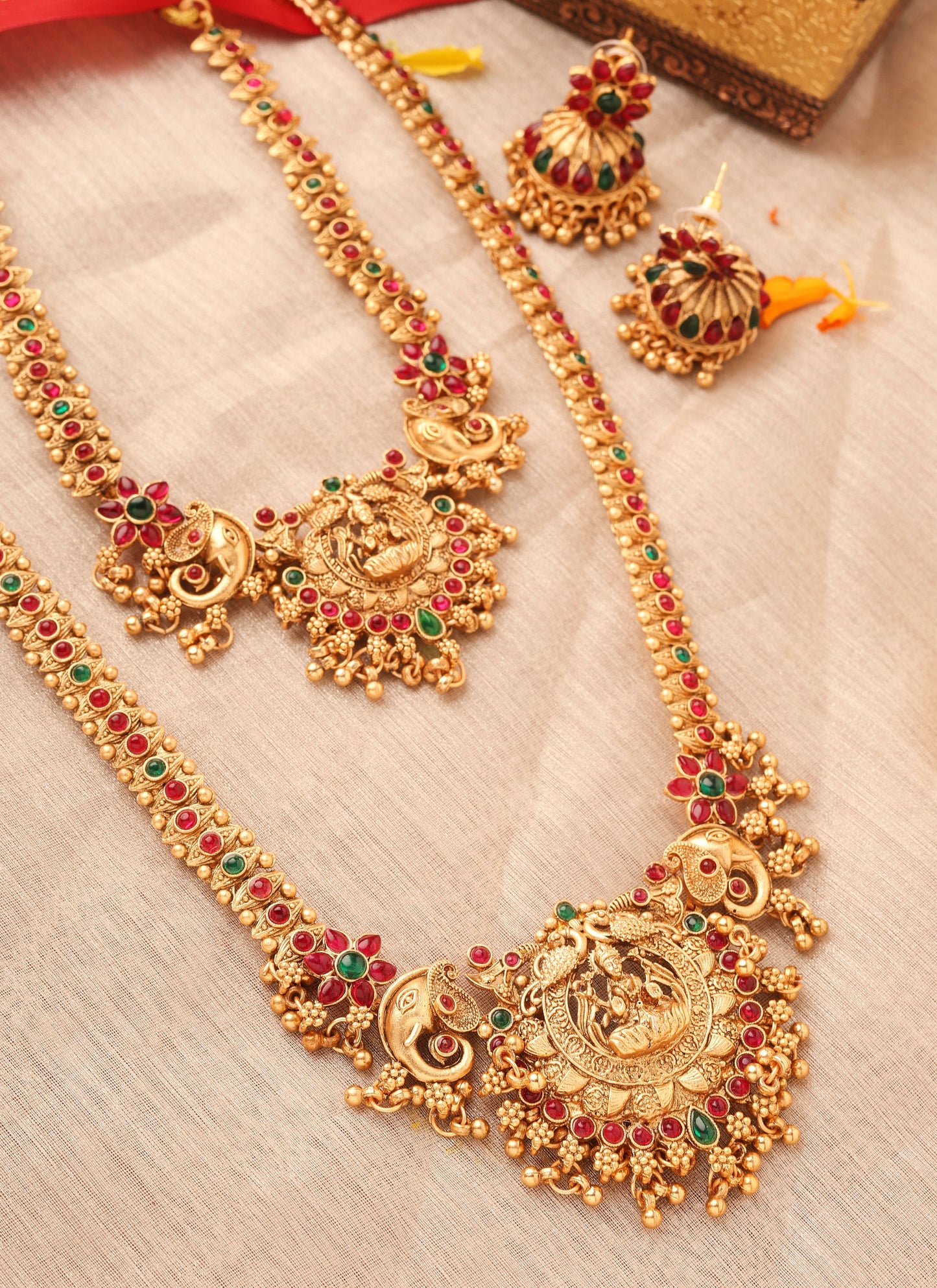 Temple Jewellery Set One Long and Two Short Lakshmi Motif Necklaces