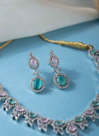 Elegant Diamond Necklace and Matching Pastel Diamond Earrings Set