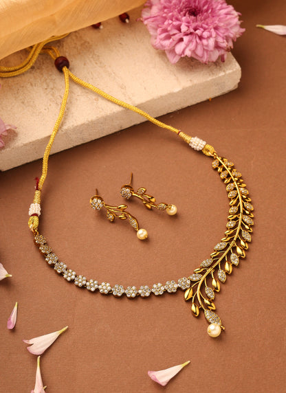 Gold Plated American Stone Studded Necklace with Leaf and Floral Motif Design