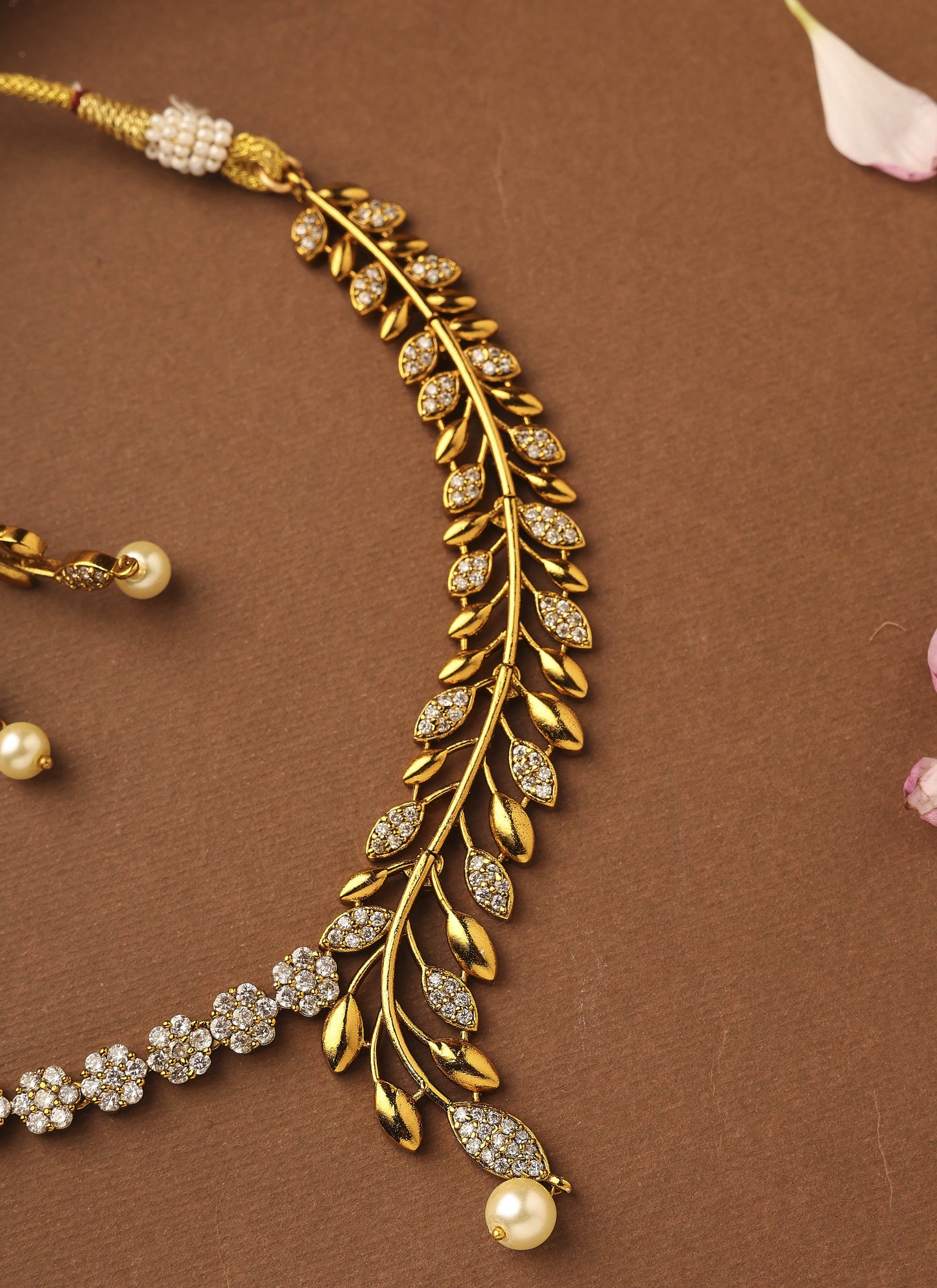 Gold Plated American Stone Studded Necklace with Leaf and Floral Motif Design