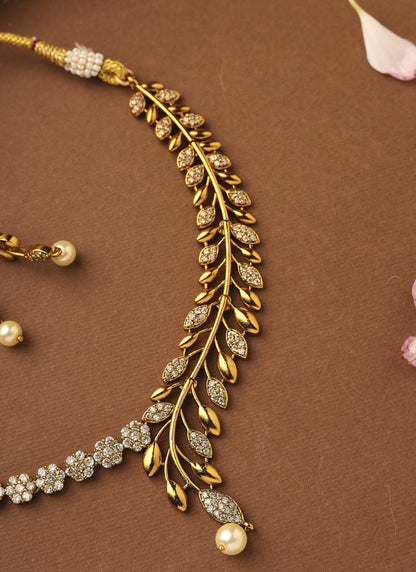 Gold Plated American Stone Studded Necklace with Leaf and Floral Motif Design