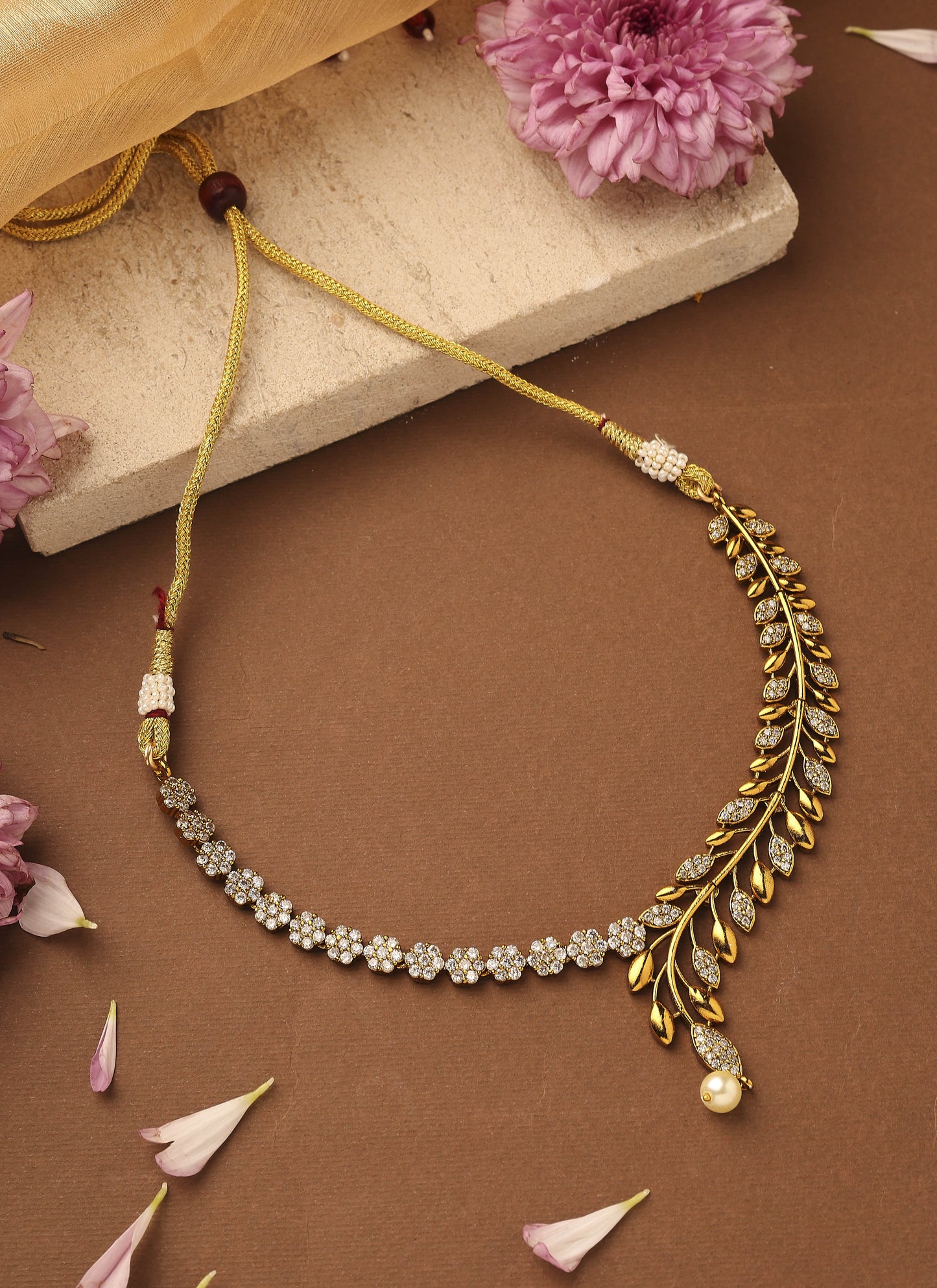 Gold Plated American Stone Studded Necklace with Leaf and Floral Motif Design