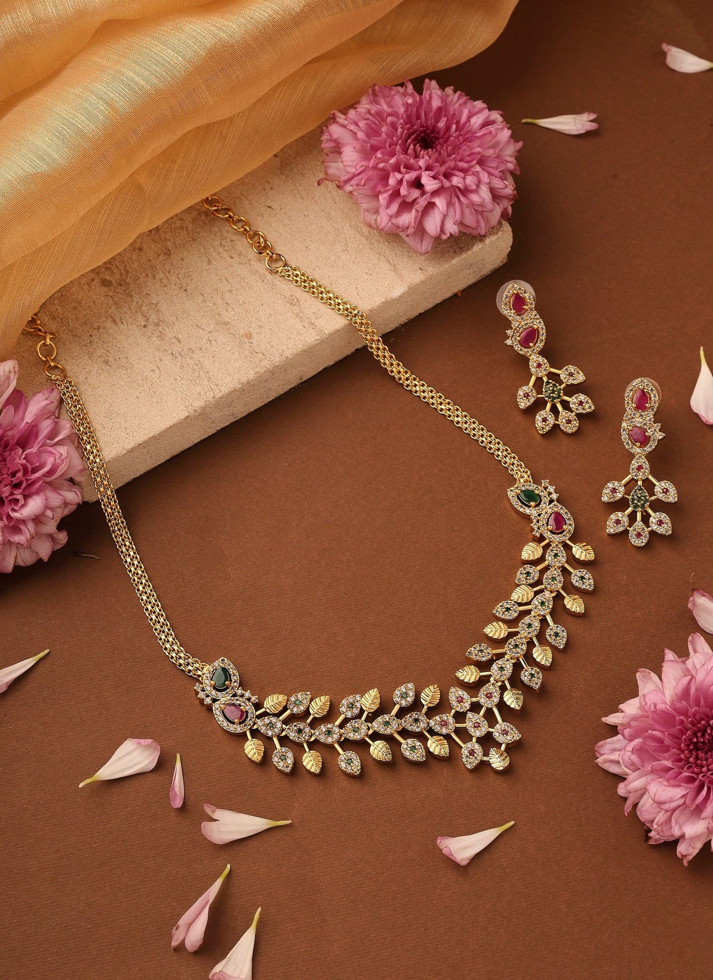 American Stone Studded Leaf Shape Necklace Set