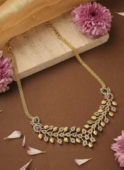 American Stone Studded Leaf Shape Necklace Set