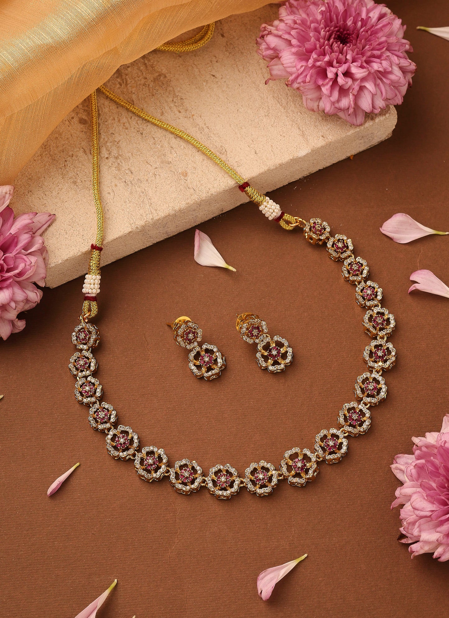 Gold Plated American Stone Studded Floral Shape Necklace