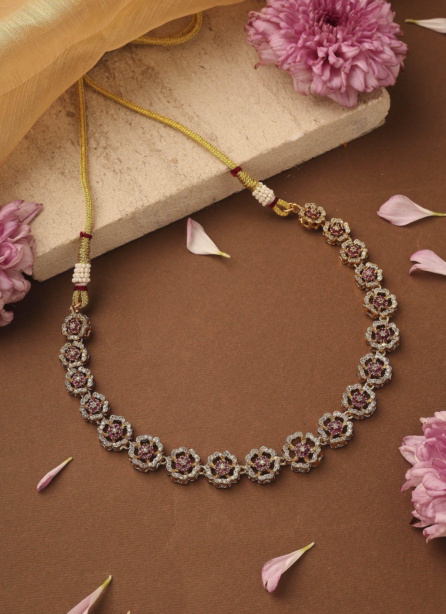 Gold Plated American Stone Studded Floral Shape Necklace