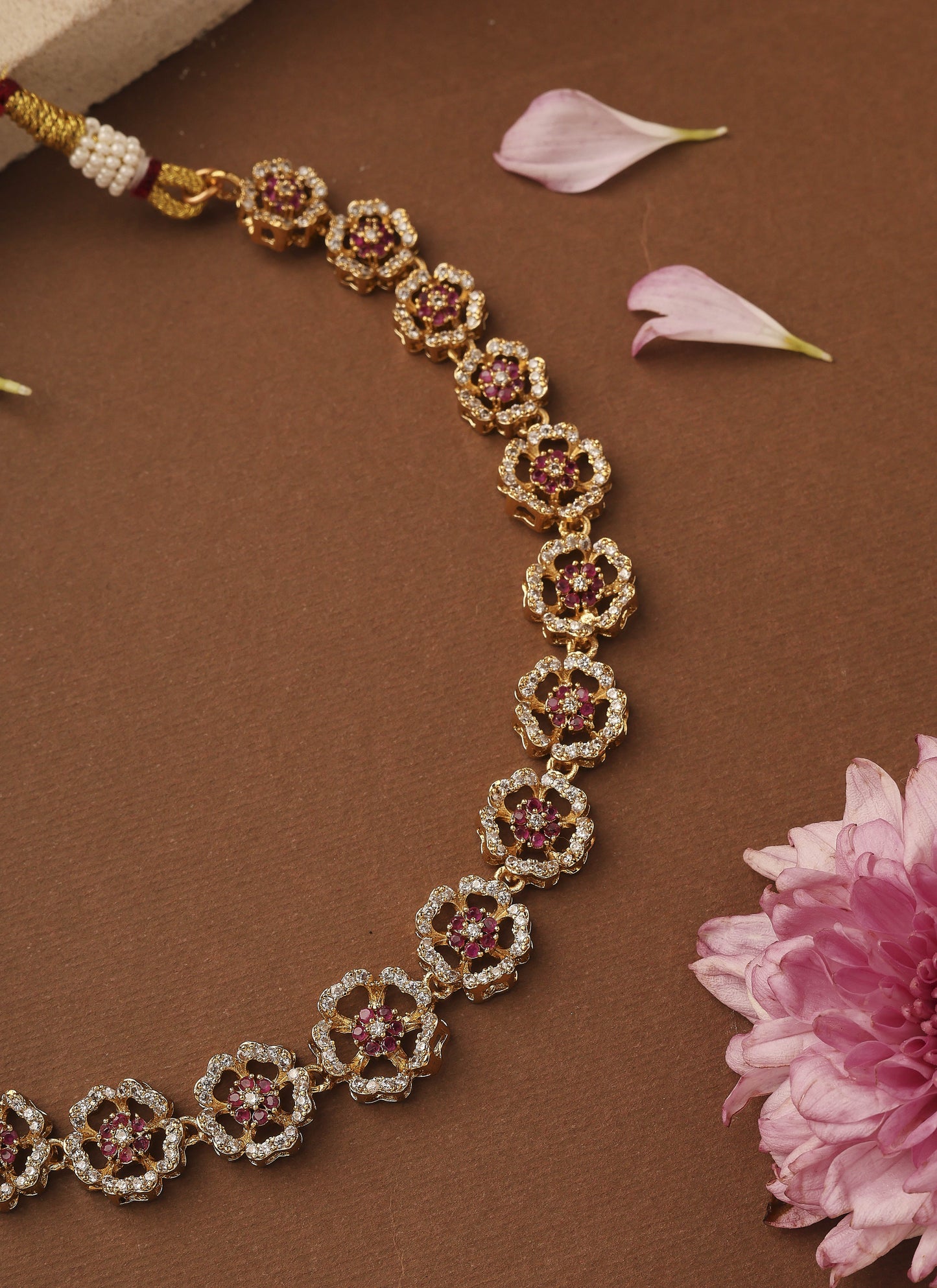 Gold Plated American Stone Studded Floral Shape Necklace