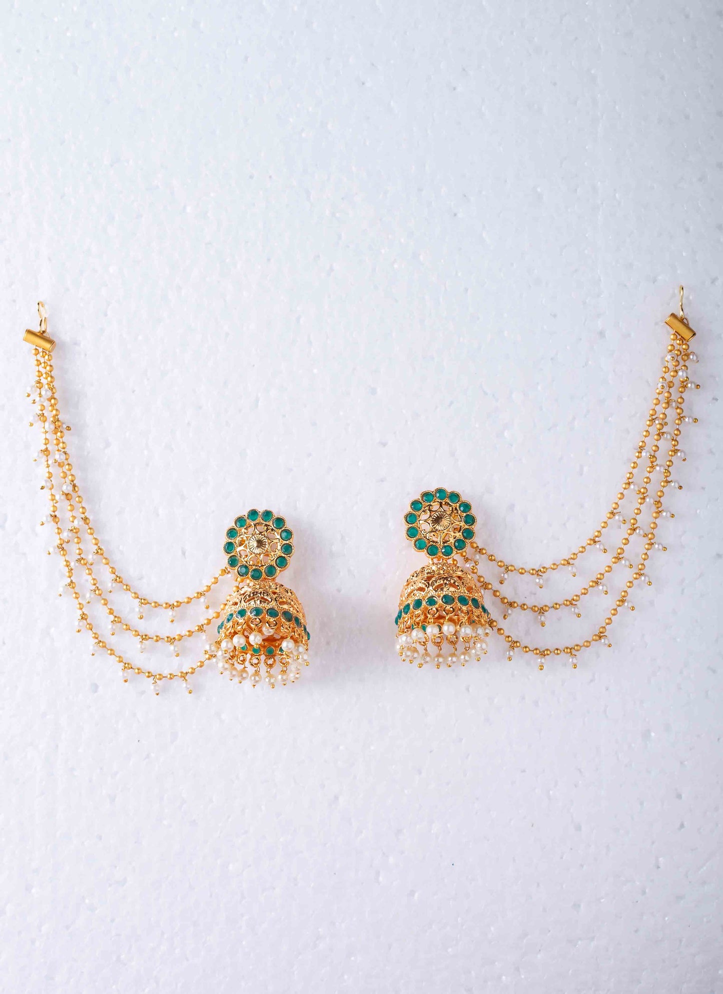 Gold-Plated Jhumki with Green Stone and Pearl Drop Ear Chains