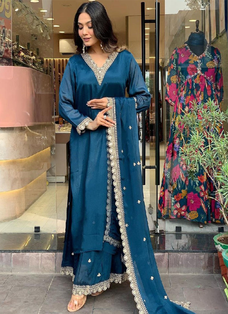 Blue Silk Embroidered Kurta with Pant and Dupatta
