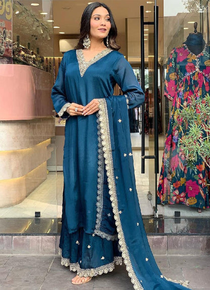 Blue Silk Embroidered Kurta with Pant and Dupatta