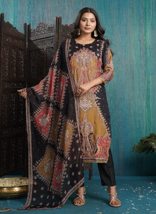 Black Cotton Embroidered Kurta with Pant and Dupatta