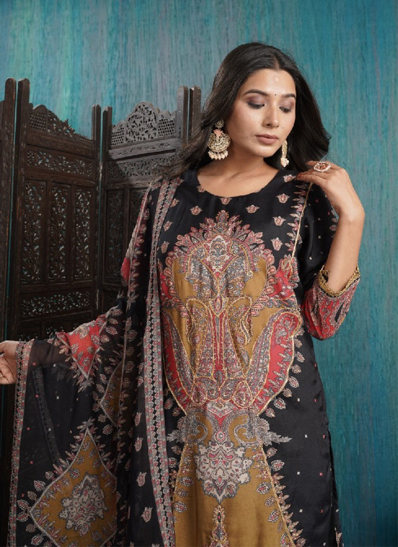 Black Cotton Embroidered Kurta with Pant and Dupatta