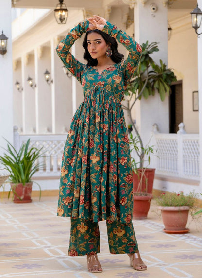 Green Cotton Printed Kurta with Pant and Dupatta