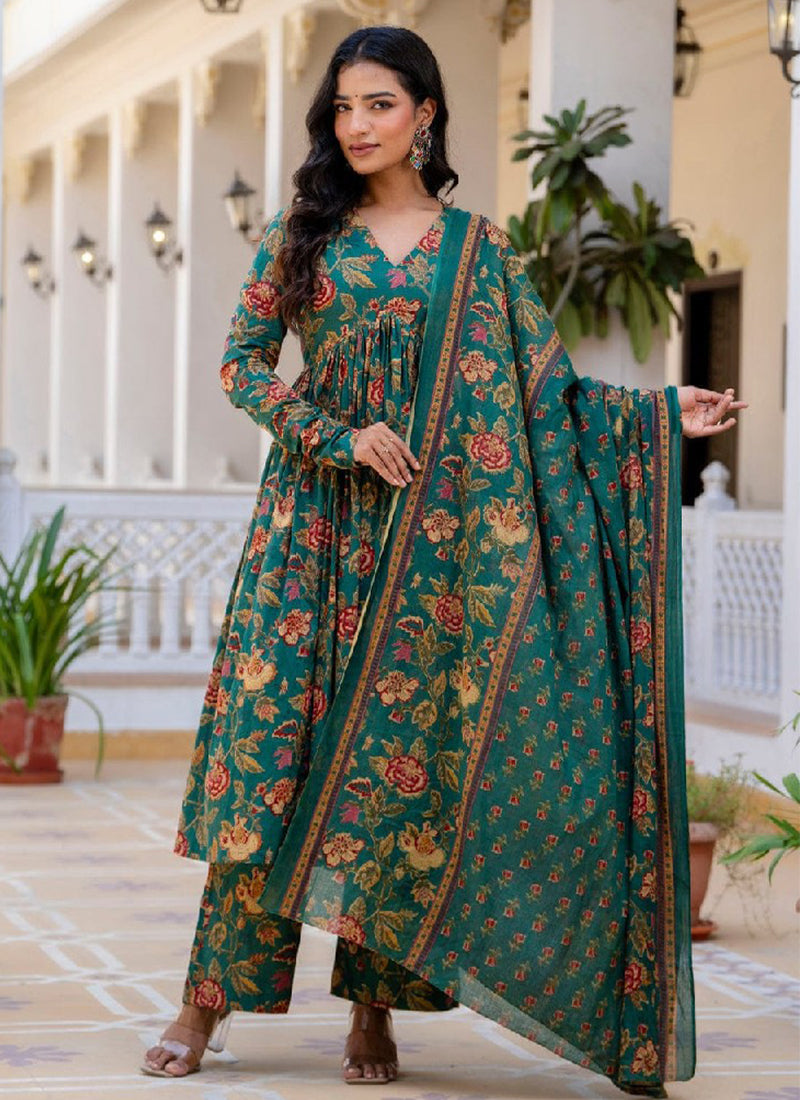 Green Cotton Printed Kurta with Pant and Dupatta
