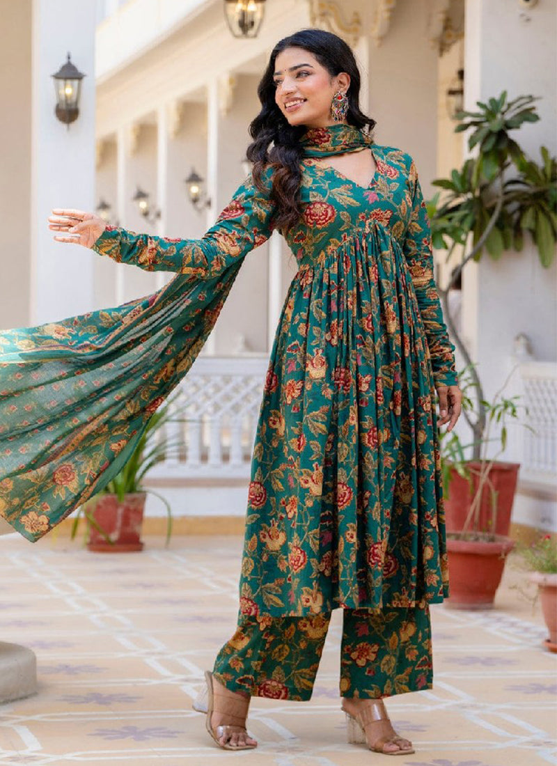 Green Cotton Printed Kurta with Pant and Dupatta