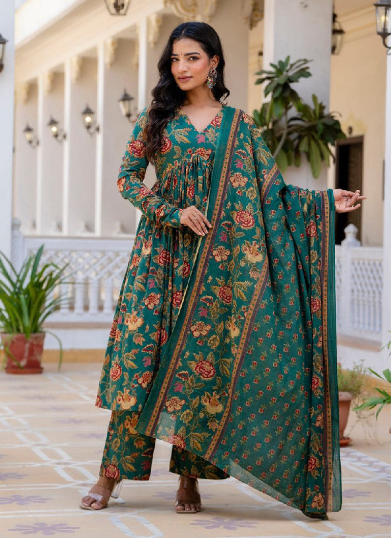 Green Cotton Printed Kurta with Pant and Dupatta