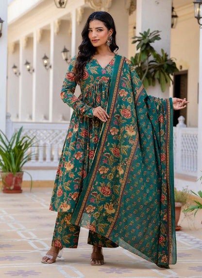 Green Cotton Printed Kurta with Pant and Dupatta