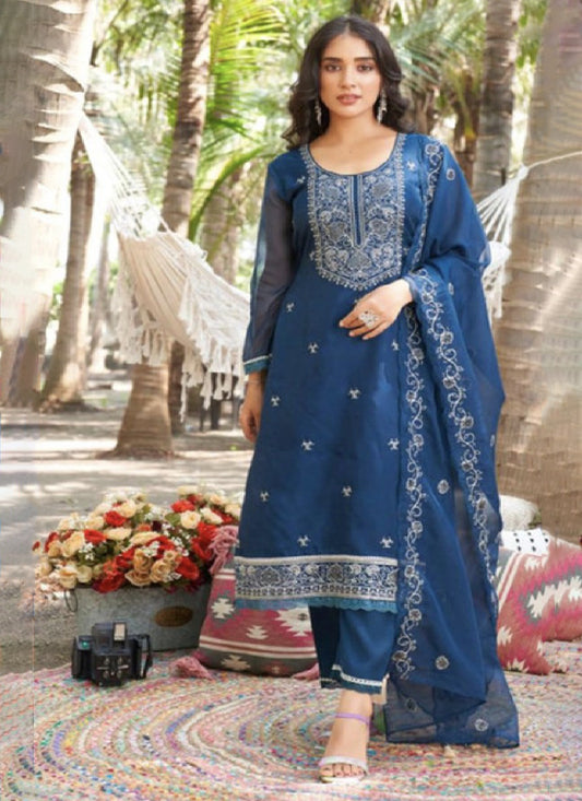 Blue Organza Embroidered Kurta with Pant and Dupatta