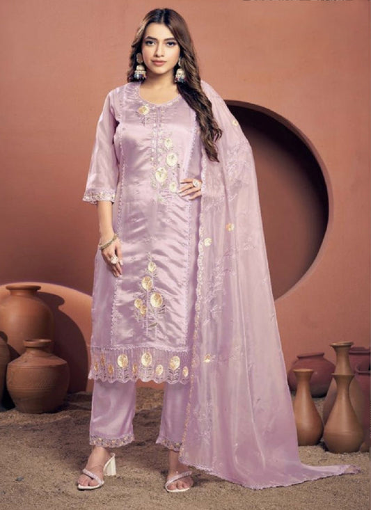 Purple Viscose Embroidered Kurta with Pant and Dupatta