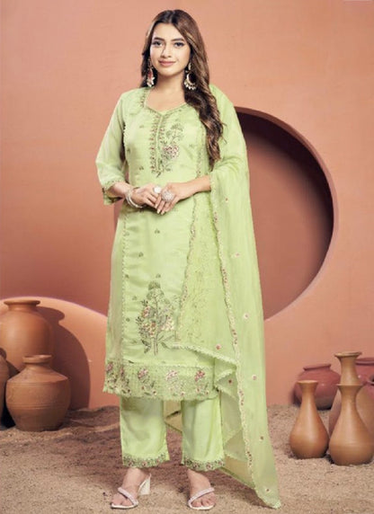 Green Viscose Embroidered Kurta with Pant and Dupatta
