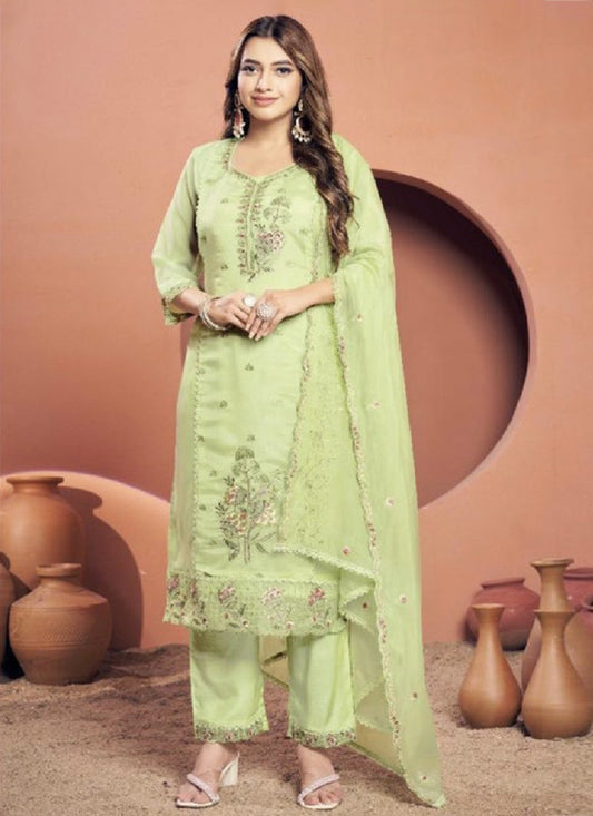 Green Viscose Embroidered Kurta with Pant and Dupatta