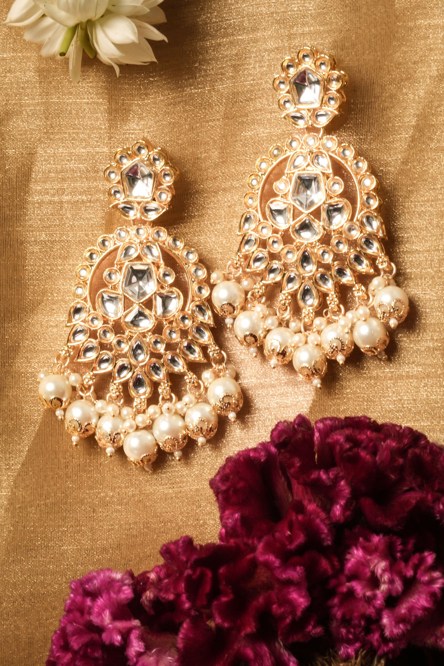 Kundan & Pearl-Studded White Gold Necklace Set