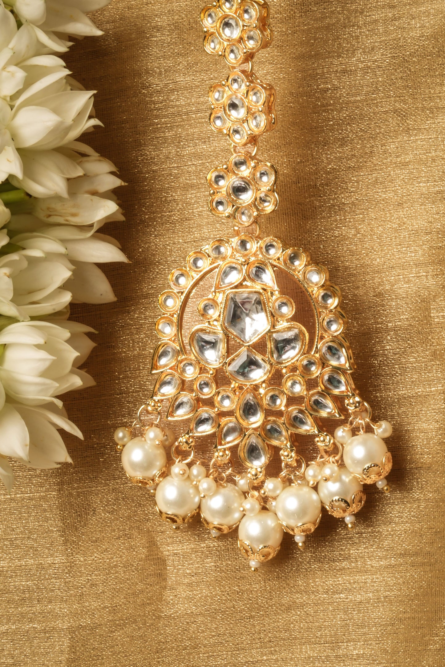 Kundan & Pearl-Studded White Gold Necklace Set