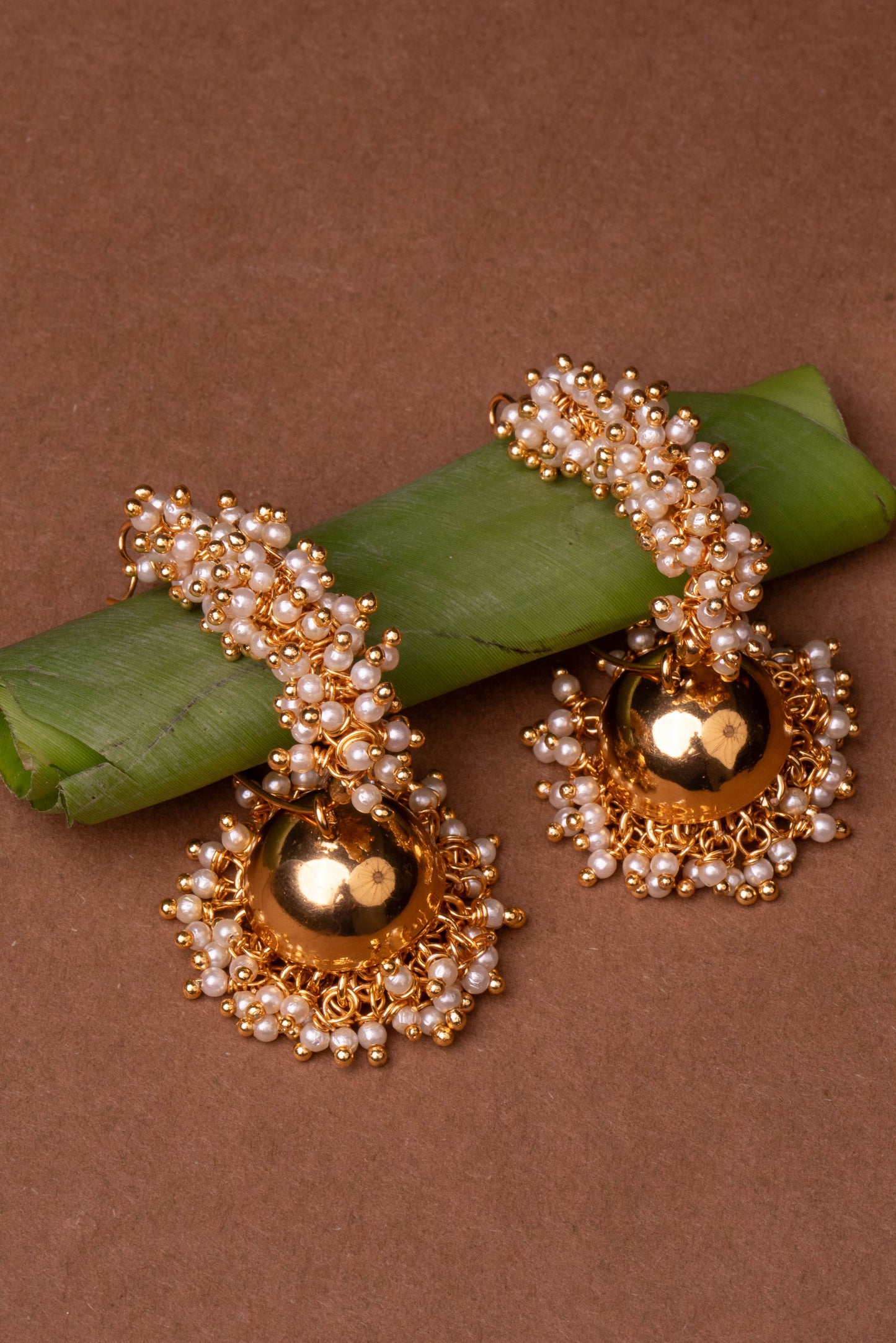 Gold-Plated Gajra Pearl Hoop Jhumka